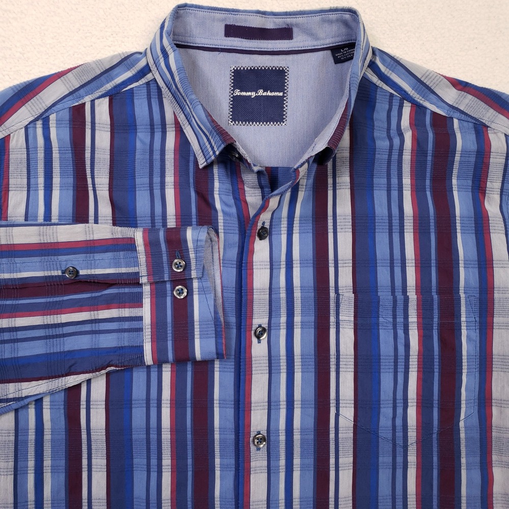 Tommy Bahama Button Up Shirt Mens Large Blue Stripe Cotton Silk Long Sleeve